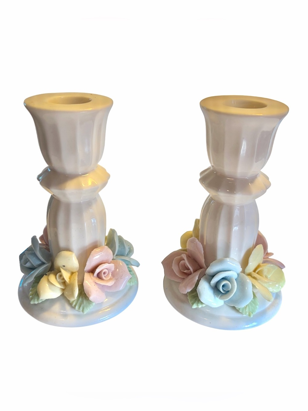 Vintage White Porcelain Pastel Floral 5” Candle Holders